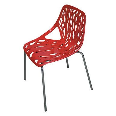 Red Parma Birch Stencil Chair, modern chair with a uniquely designed cutout backrest and seat in red color with metal legs.