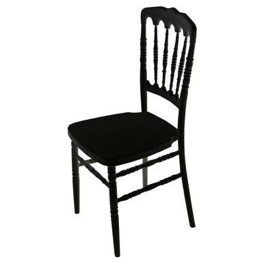 Black Fayette Napoleon Chair, a classic wooden dining chair with a spindle back design and a cushioned seat in black.