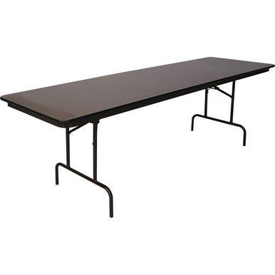 Celina Tent 8' Laminate Banquet Table, a rectangular table with a dark laminate surface and metal legs, ideal for events and banquet settings.