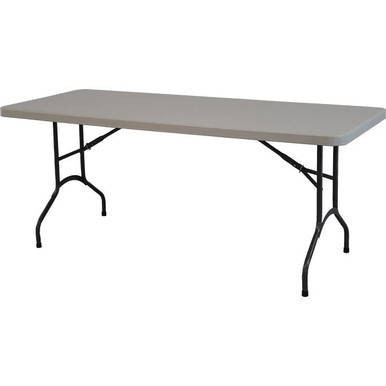 6' x 30" Resin Banquet Table, rectangular beige table with black metal foldable legs suitable for events and gatherings.