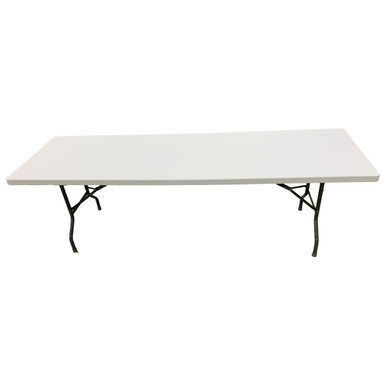 8' x 30" Resin Banquet Table, a rectangular table with a white resin top and foldable metal legs for versatile use.