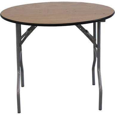 Celina Tent 36-inch Round Wood Table, portable folding table with a wooden top and metal legs.