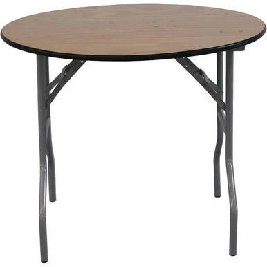 Celina Tent 36-inch Round Wood Table, portable folding table with a wooden top and metal legs.