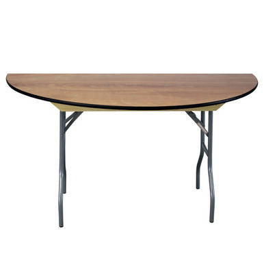 Celina Tent 60" Semi Round Wood Table, foldable table with a wood surface and metal legs.