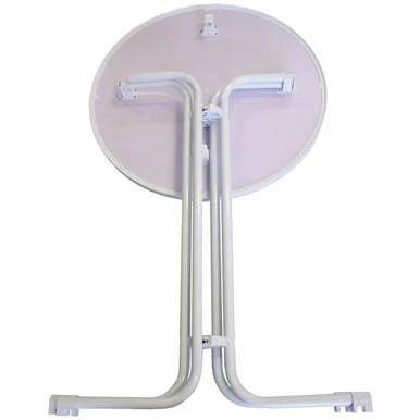 31'' Resin Cocktail Table, bottom view showing folded metal legs and round tabletop.