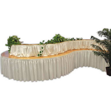 Celina Tent Serpentine Bar Top Outer Edge, decorative beige fabric skirt with pleats around a curved bar area, adorned with green plants for event decoration.