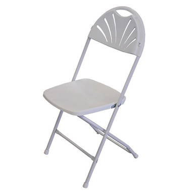 Bellbrook White Fan Back Chair, foldable chair with a cushioned seat and a decorative fan-shaped backrest in white color.