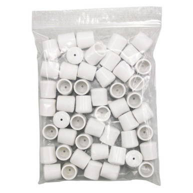 White Replacement Chair Feet, small cylindrical plastic furniture glide caps in a resealable plastic bag.