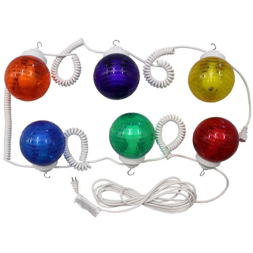 25' multi-color strand of 6" globe lights on a white coiled cord.