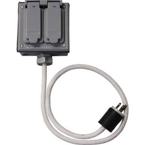 3\' white 12/3 cord with a quad box that has four 3 pronged outlets. 3\' white 12/3 cord with a quad box that has four 3 pronged outlets.