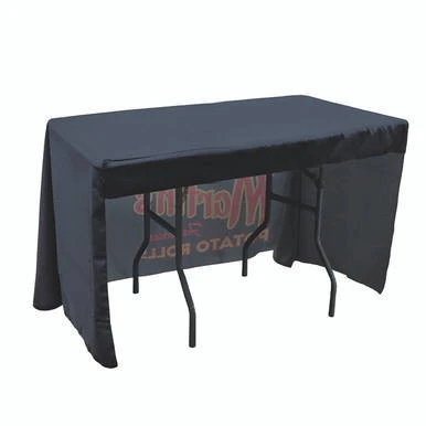 4' 3-Sided Draped Full Dye-Sub, black table with draped fabric covering three sides and a flat top for product display or events.