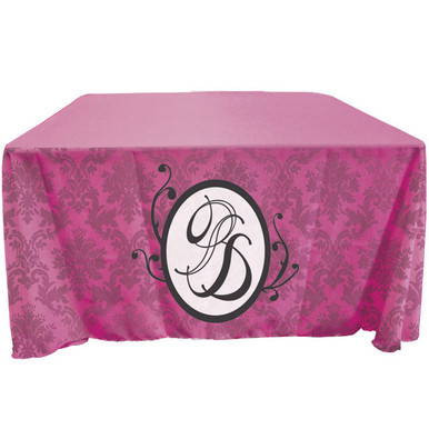 4' 3-Sided Draped Full Dye-Sub table cover, pink fabric with black decorative monogram logo in the center.