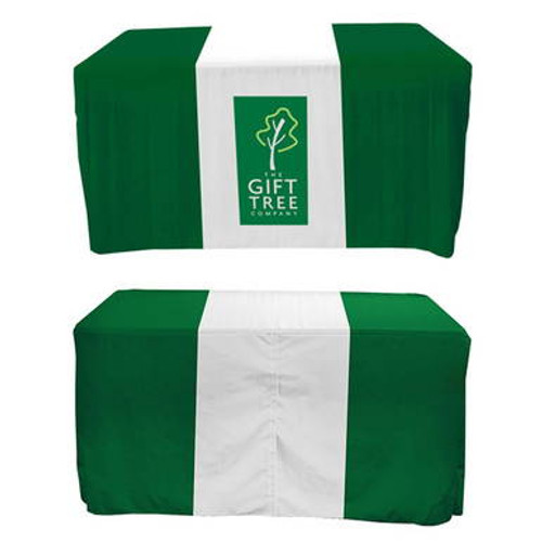 Custom printed 4\' easy access table cover with a cut in the back secured with hook & loop fasteners. Custom printed 4\' easy access table cover with a cut in the back secured with hook & loop fasteners.