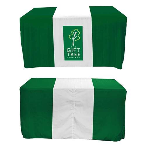 Custom printed 4' easy access table cover with a cut in the back secured with hook & loop fasteners. Custom printed 4' easy access table cover with a cut in the back secured with hook & loop fasteners.
