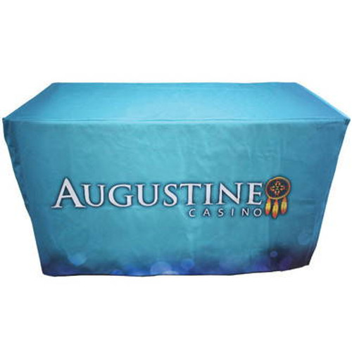Custom printed 4\' fitted table cover made from polyester that snugs all 4 sides. Custom printed 4\' fitted table cover made from polyester that snugs all 4 sides.