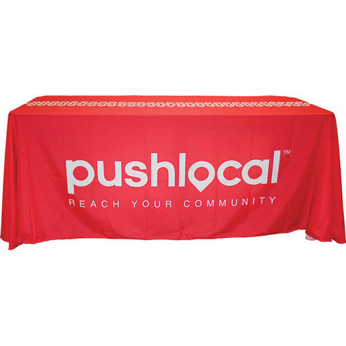 Custom printed red & white draped 6' table cover.