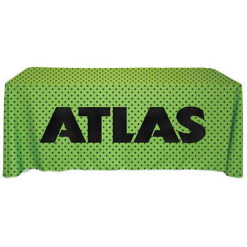 Custom printed 6\' three sided draped table cover, the front and sides skim the floor while the back is open. Custom printed 6\' three sided draped table cover, the front and sides skim the floor while the back is open.
