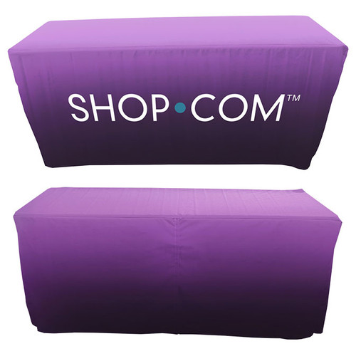 Custom printed 6' easy access table cover with a cut in the back secured with hook & loop fasteners. Custom printed 6' easy access table cover with a cut in the back secured with hook & loop fasteners.