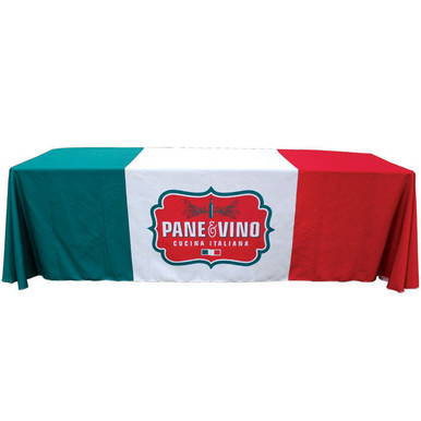 8' Draped Full Dye-Sublimation table cover, featuring an Italian flag design with green, white, and red vertical stripes, and a PANE & VINO logo at the center.