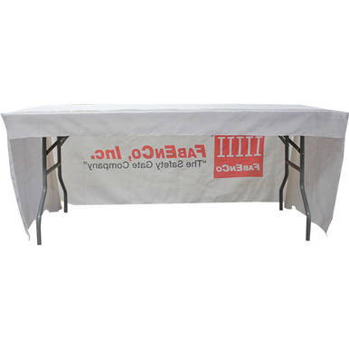 8' 3-Sided Draped Full Dye-Sub, portable display table with a draped full-color dye sublimation printed table cover, ideal for trade shows and events.