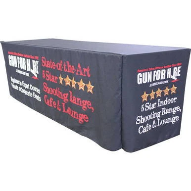 8' Fitted Full Dye-Sublimation, a fitted table cover with a customized dye-sublimation print displaying promotional text and logos.