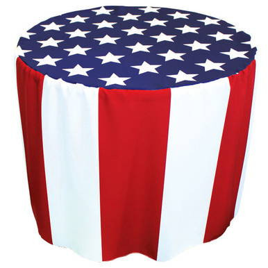36'' x 29'' Round Table Cover, patriotic tablecloth with stars and stripes design in red, white, and blue for festive events.