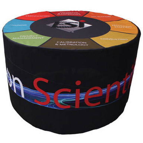 48\" x 29\" custom printed round table cover made from woven polyester covering table underneath. 48\" x 29\" custom printed round table cover made from woven polyester covering table underneath.