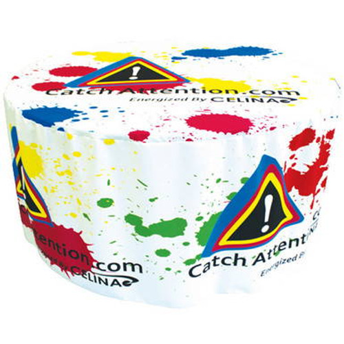 60\" x 29\" custom printed round table cover made from woven polyester covering table underneath. 60\" x 29\" custom printed round table cover made from woven polyester covering table underneath.