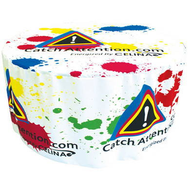 60'' x 29'' Round Table Cover, colorful splash design with caution logo and catchattention.com branding.