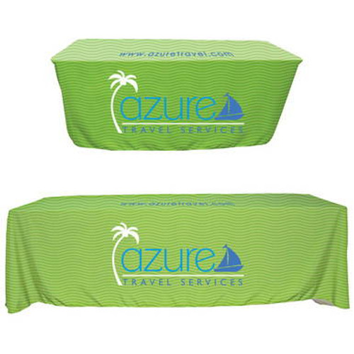 Custom printed 6\' - 8\' convertible polyester table cover with hook & loop fasteners to change size.