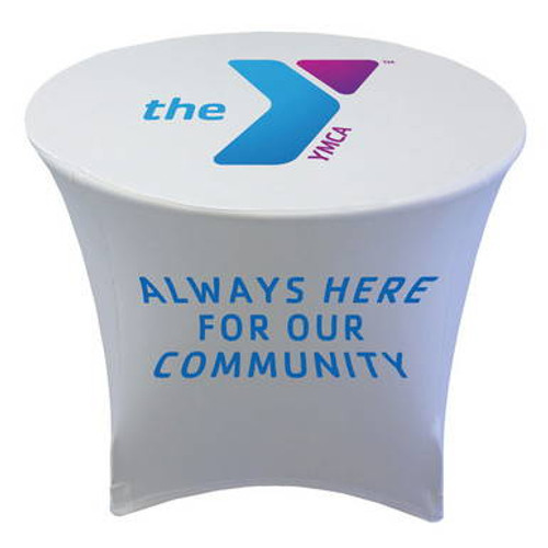 36\" x 29\" custom printed stretch table cover made from spandex polyester covering tabletop and legs. 36\" x 29\" custom printed stretch table cover made from spandex polyester covering tabletop and legs.