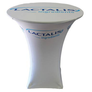 36" x 42" Pedestal Tablecover, white adjustable cloth draping over a pedestal table with Lactalis ingredients logo.