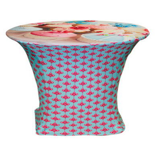 48\" x 29\" custom printed stretch table cover made from spandex polyester covering tabletop and legs. 48\" x 29\" custom printed stretch table cover made from spandex polyester covering tabletop and legs.