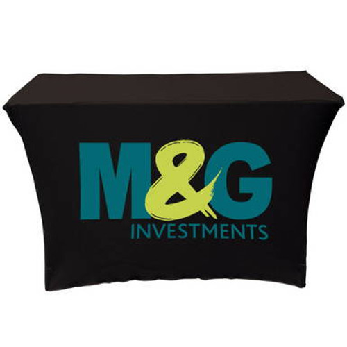 4\' custom printed stretch table cover made from spandex polyester covering tabletop and legs. 4\' custom printed stretch table cover made from spandex polyester covering tabletop and legs.