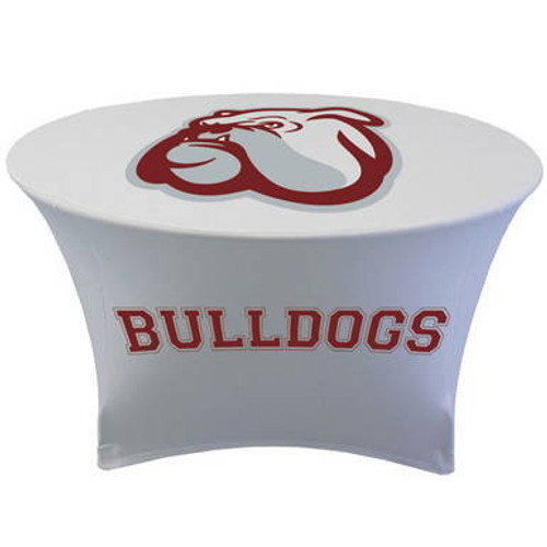 60\" x 29\" custom printed stretch table cover made from spandex polyester covering tabletop and legs. 60\" x 29\" custom printed stretch table cover made from spandex polyester covering tabletop and legs.