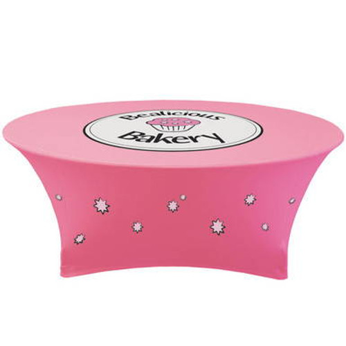 72\" x 29\" custom printed stretch table cover made from spandex polyester covering tabletop and legs. 72\" x 29\" custom printed stretch table cover made from spandex polyester covering tabletop and legs.