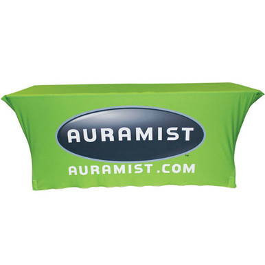 Stretch Tablecover 6',, green table cover with Auramist logo and website printed on it, designed for rectangular tables.