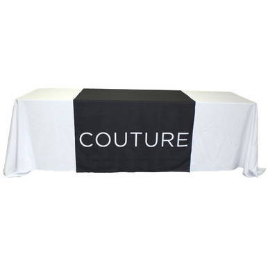 Table Runner, 48 x 72 inches, white fabric with a black center panel and the word 'COUTURE' printed on it.