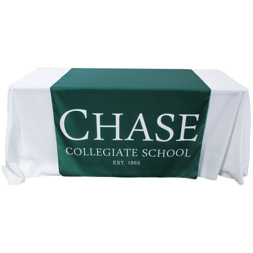 48" x 88" custom printed table runner made from woven polyester enhancing the table covers look.