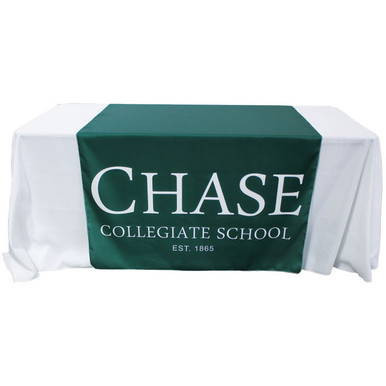 Table Runner, 48'' x 88'', green and white with chase collegiate school logo and name.