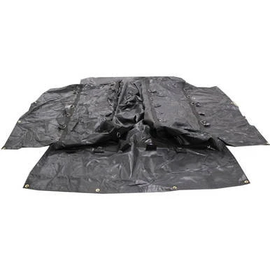 7' x 7' x 7' Coil Tarp, black waterproof heavy-duty tarp with reinforced edges, grommets, and foldable design for versatile covering and protection.