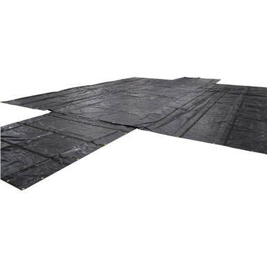 16' x 27' Steel Tarp, 2 Flap, large heavy-duty black steel tarp spread out for covering and protection.