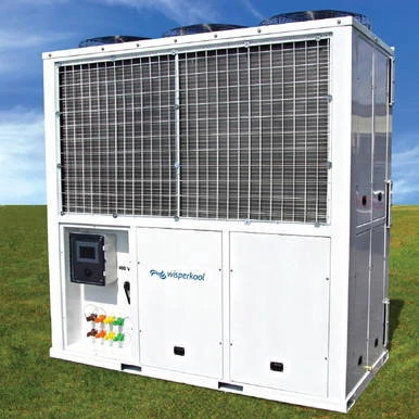 Wisperkool 30 Ton HVAC, large industrial cooling unit with metal grid front and control panel on the side, installed outdoors on grassy field.