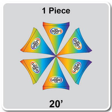 20' Digital Print Hexagon Pinnacle Series Cross Cable Tent, colorful digital printed fabric banners with logo designs draped in a star shape.