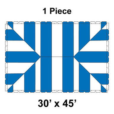 30' x 45' Classic Series Frame Tent, 1 Piece, 16 oz. Ratchet Top, White and Blue, with a striped pattern and sturdy frame design.