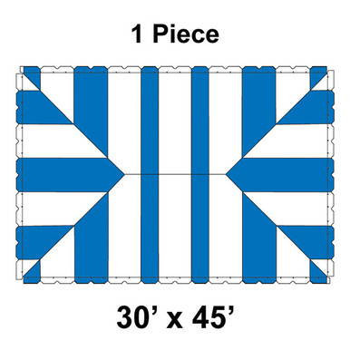 30' x 45' Classic Pole Tent, 1 Piece, 16 oz. Ratchet Top, White and Blue, with striped pattern and reinforced edges for outdoor events.