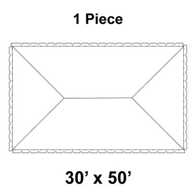 30' x 50' Classic Series Frame Tent, 1 Piece, 16 oz. Ratchet Top, Solid White, top view blueprint diagram of the rectangular tent with annotated dimensions and features.