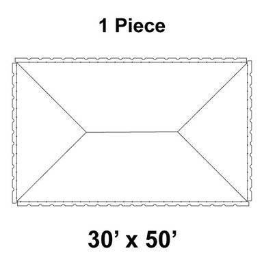 30' x 50' Classic Pole Tent, 1 Piece, 16 oz. Ratchet Top, Solid White, top-down view sketch of the rectangular tent with scalloped edges and diagonal support lines.