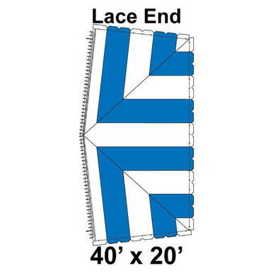 40' x 20' Classic Frame Tent Lace End, 16 oz. Ratchet Top, White and Blue, with diagram showing the lace end design and measurements.