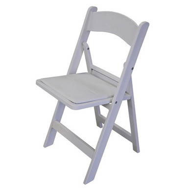Oxford White Resin Chair, a sturdy white folding chair with a slatted backrest and a cushioned seat for outdoor or indoor use.